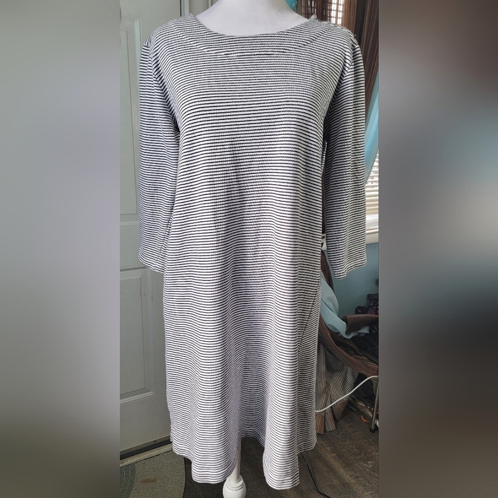 Mo:vint Anthropologie Mini Sweater Dress Women's L Navy White Pin Stripe Cotton